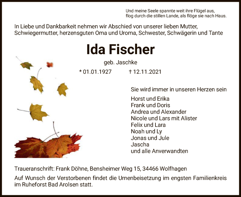  Traueranzeige für Ida Fischer vom 20.11.2021 aus HNA