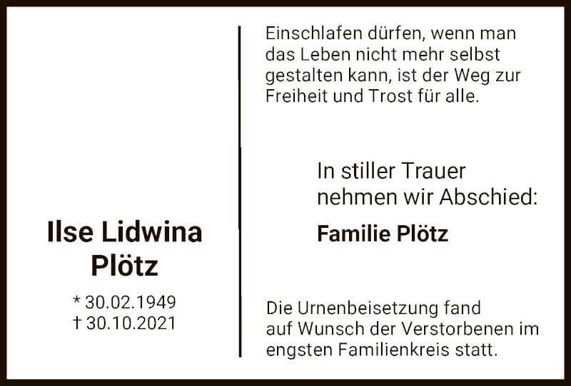  Traueranzeige für Ilse Lidwina Plötz vom 27.11.2021 aus HNA
