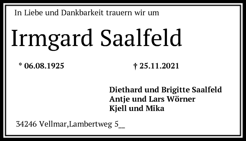  Traueranzeige für Irmgard Saalfeld vom 30.11.2021 aus HNA