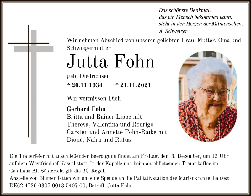  Traueranzeige für Jutta Fohn vom 30.11.2021 aus HNA