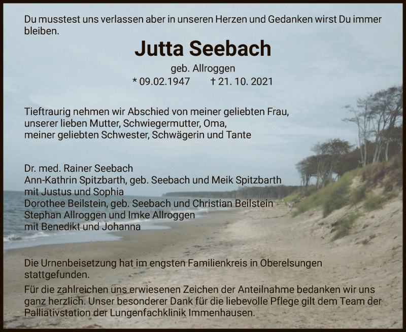  Traueranzeige für Jutta Seebach vom 06.11.2021 aus HNA
