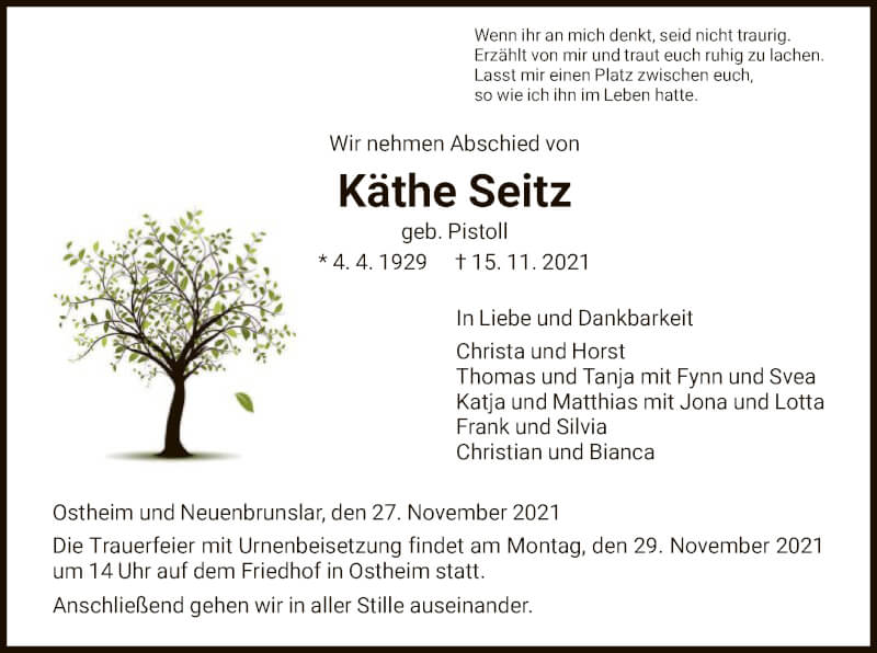  Traueranzeige für Käthe Seitz vom 27.11.2021 aus HNA