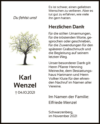 Traueranzeige von Karl Wenzel von HNA