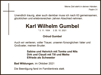 Traueranzeige von Karl Wilhelm Gumbel von WLZ