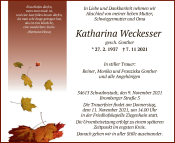 Traueranzeige von Katharina Weckesser von HNA