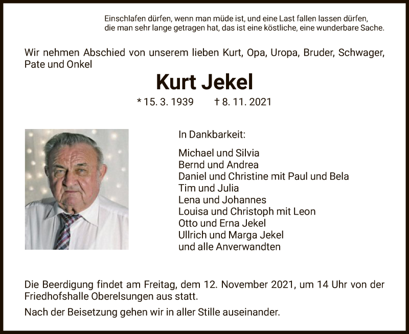  Traueranzeige für Kurt Jekel vom 11.11.2021 aus HNA