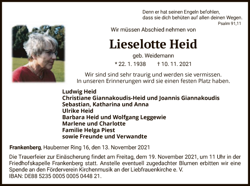  Traueranzeige für Lieselotte Heid vom 13.11.2021 aus HNA