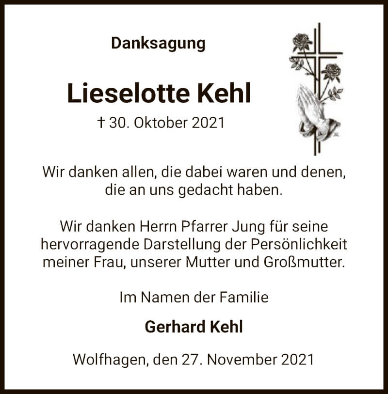  Traueranzeige für Lieselotte Kehl vom 27.11.2021 aus HNA