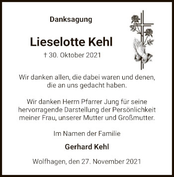 Traueranzeige von Lieselotte Kehl von HNA