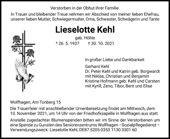 Traueranzeige von Lieselotte Kehl von HNA