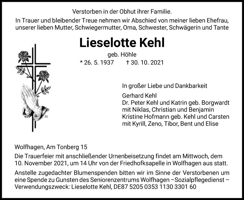  Traueranzeige für Lieselotte Kehl vom 06.11.2021 aus HNA