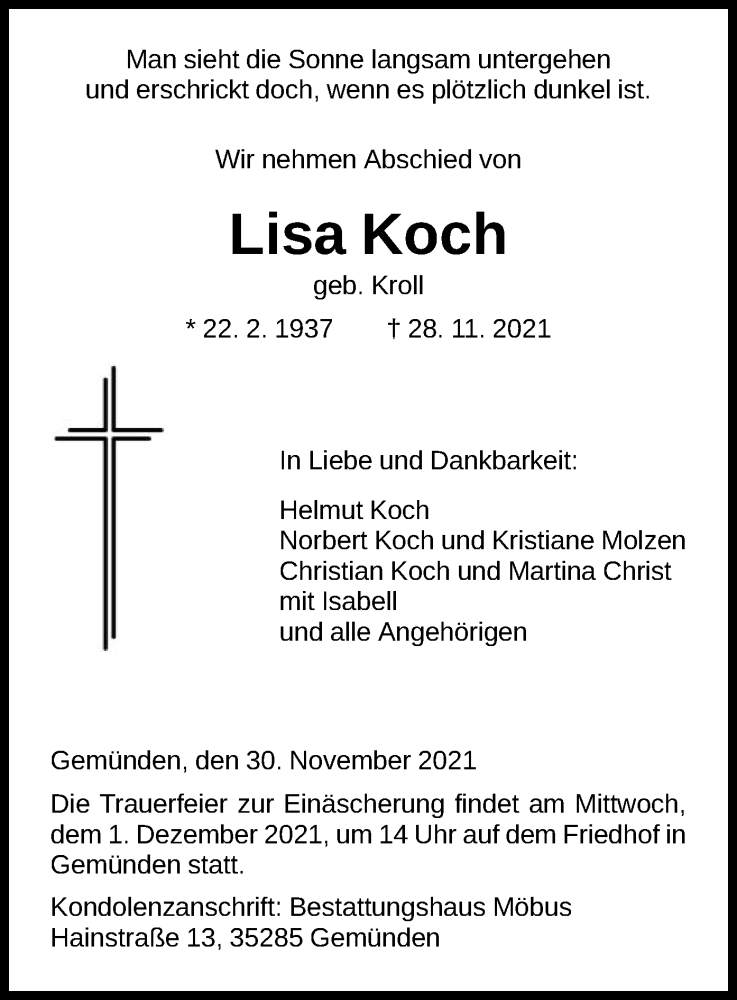  Traueranzeige für Lisa Koch vom 30.11.2021 aus HNA