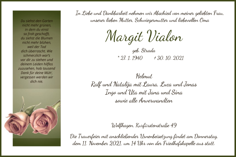  Traueranzeige für Margit Vialon vom 06.11.2021 aus HNA