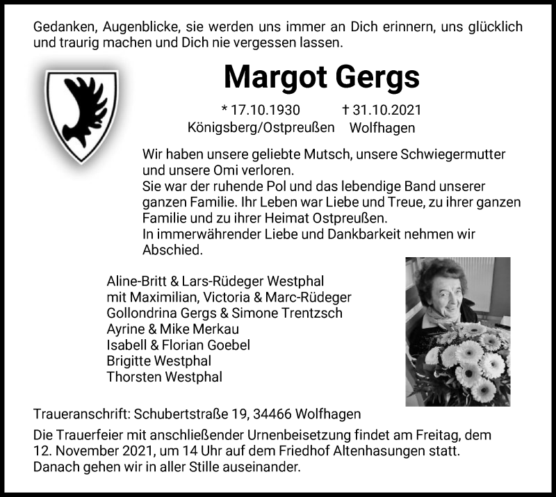  Traueranzeige für Margot Gergs vom 06.11.2021 aus HNA