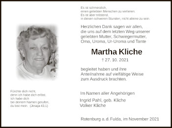 Traueranzeige von Martha Kliche von HNA
