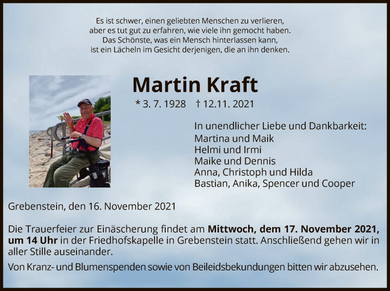  Traueranzeige für Martin Kraft vom 16.11.2021 aus HNA