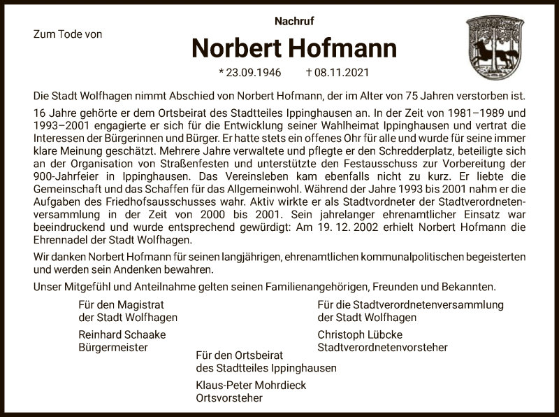 Traueranzeige für Norbert Hofmann vom 23.11.2021 aus HNA