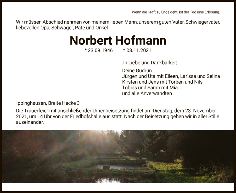  Traueranzeige für Norbert Hofmann vom 13.11.2021 aus HNA