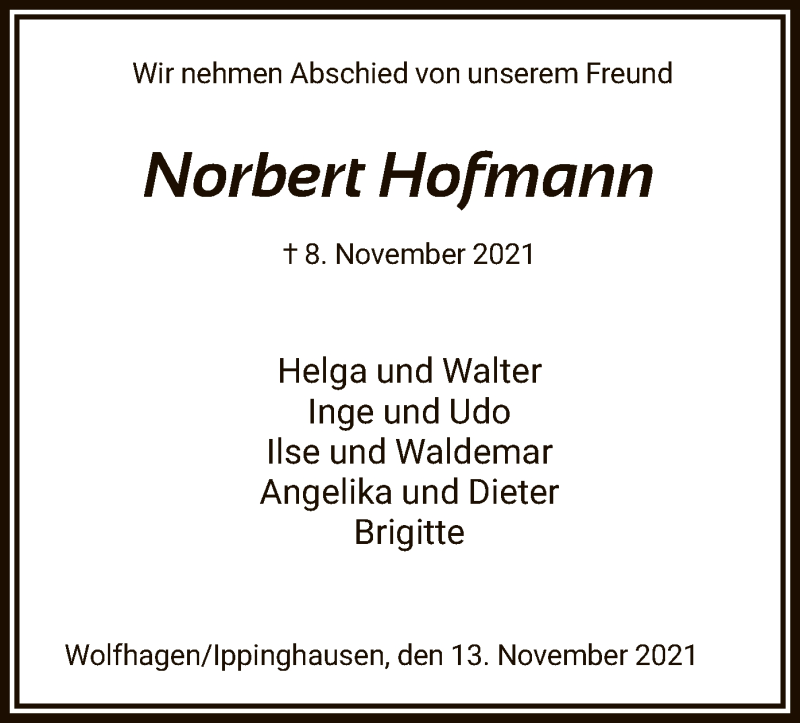  Traueranzeige für Norbert Hofmann vom 13.11.2021 aus HNA