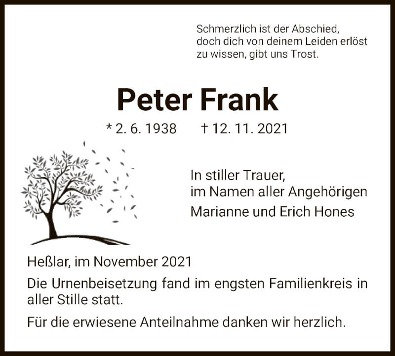 Traueranzeige für Peter Frank vom 27.11.2021 aus HNA