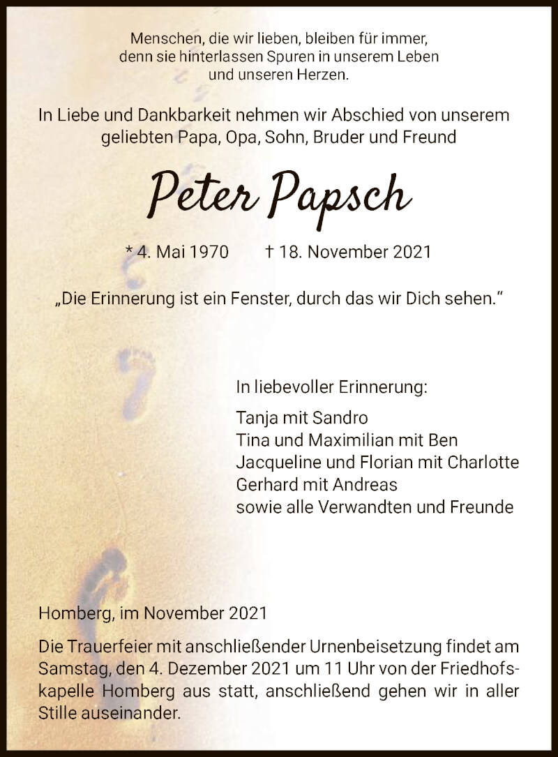  Traueranzeige für Peter Papsch vom 27.11.2021 aus HNA
