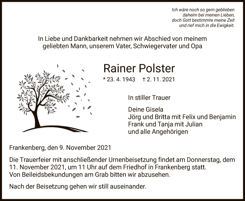  Traueranzeige für Rainer Polster vom 09.11.2021 aus HNA
