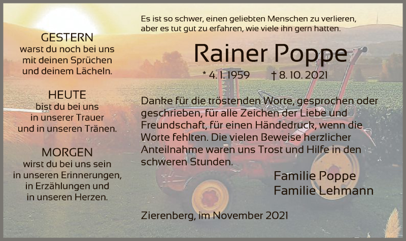  Traueranzeige für Rainer Poppe vom 03.11.2021 aus HNA
