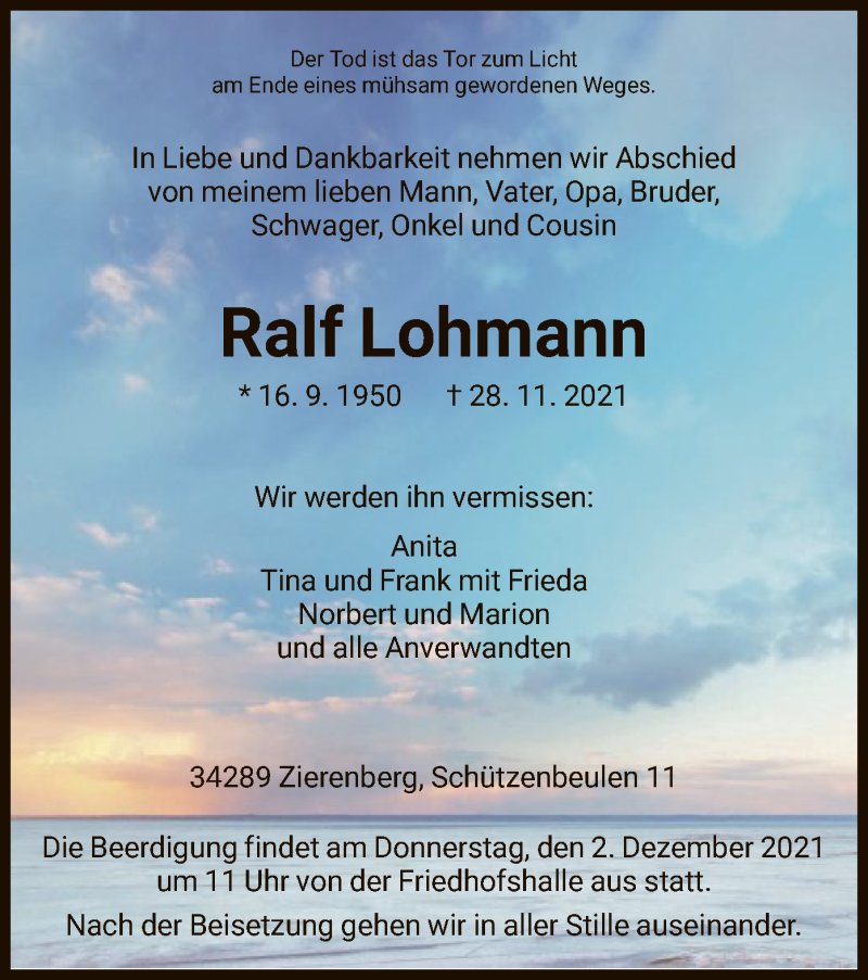 Traueranzeige für Ralf Lohmann vom 30.11.2021 aus HNA