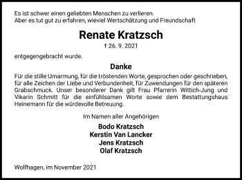 Traueranzeige von Renate Kratzsch von HNA