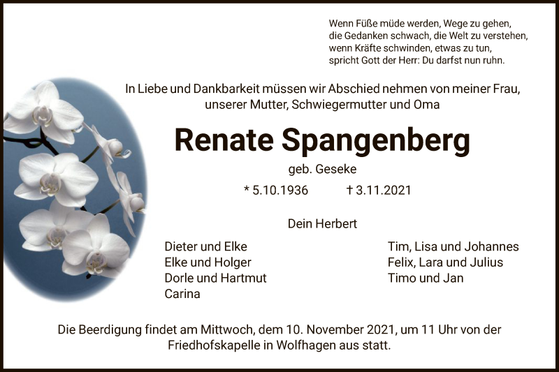 Traueranzeige für Renate Spangenberg vom 06.11.2021 aus HNA