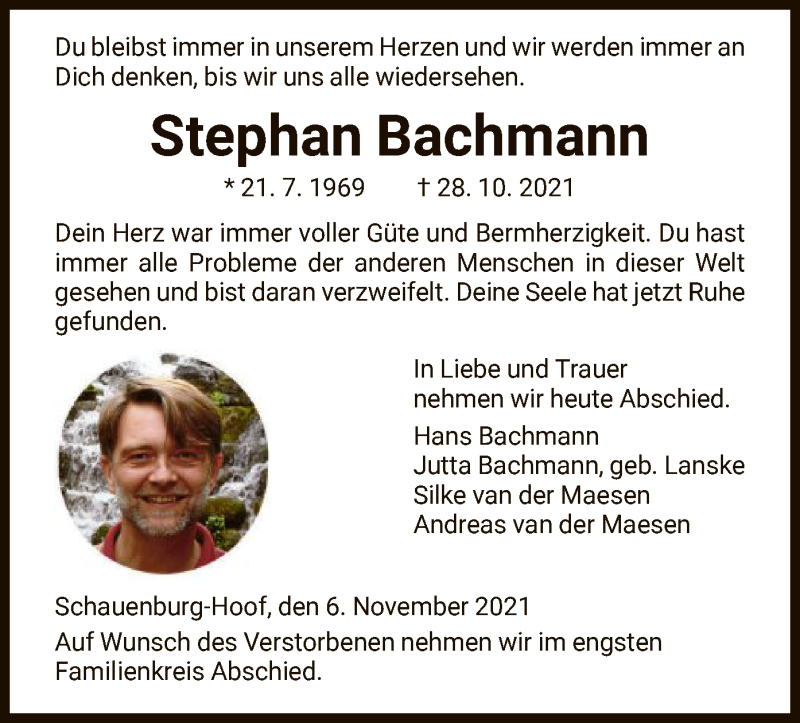  Traueranzeige für Stephan Bachmann vom 06.11.2021 aus HNA
