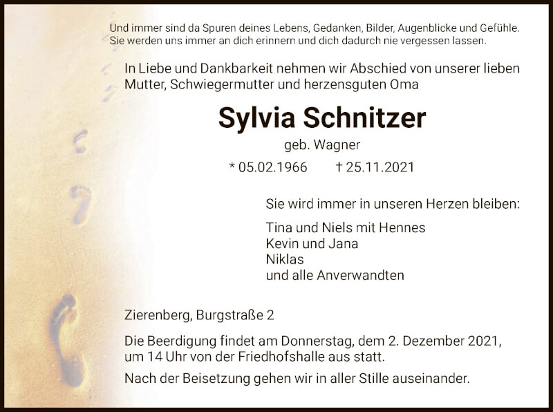  Traueranzeige für Sylvia Schnitzer vom 27.11.2021 aus HNA