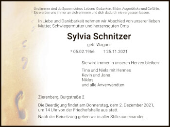 Traueranzeige von Sylvia Schnitzer von HNA