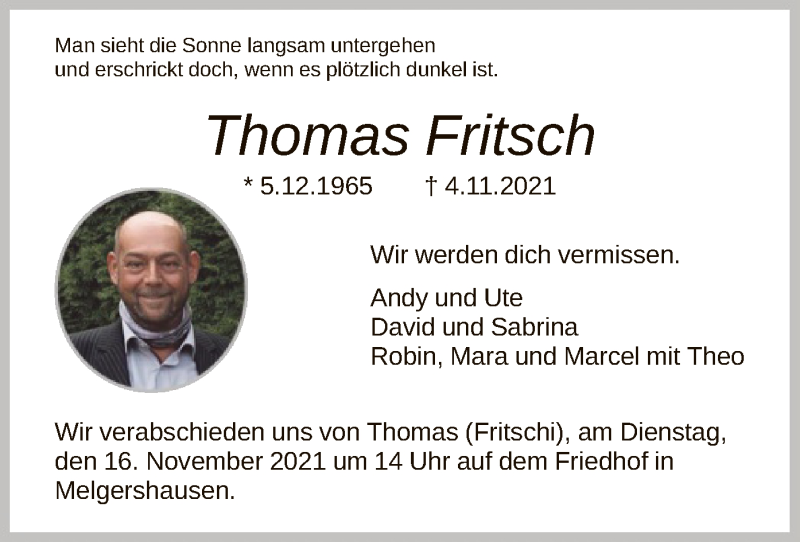  Traueranzeige für Thomas Fritsch vom 13.11.2021 aus HNA