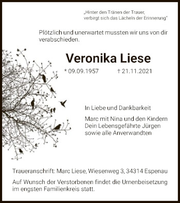 Traueranzeige von Veronika Liese von HNA