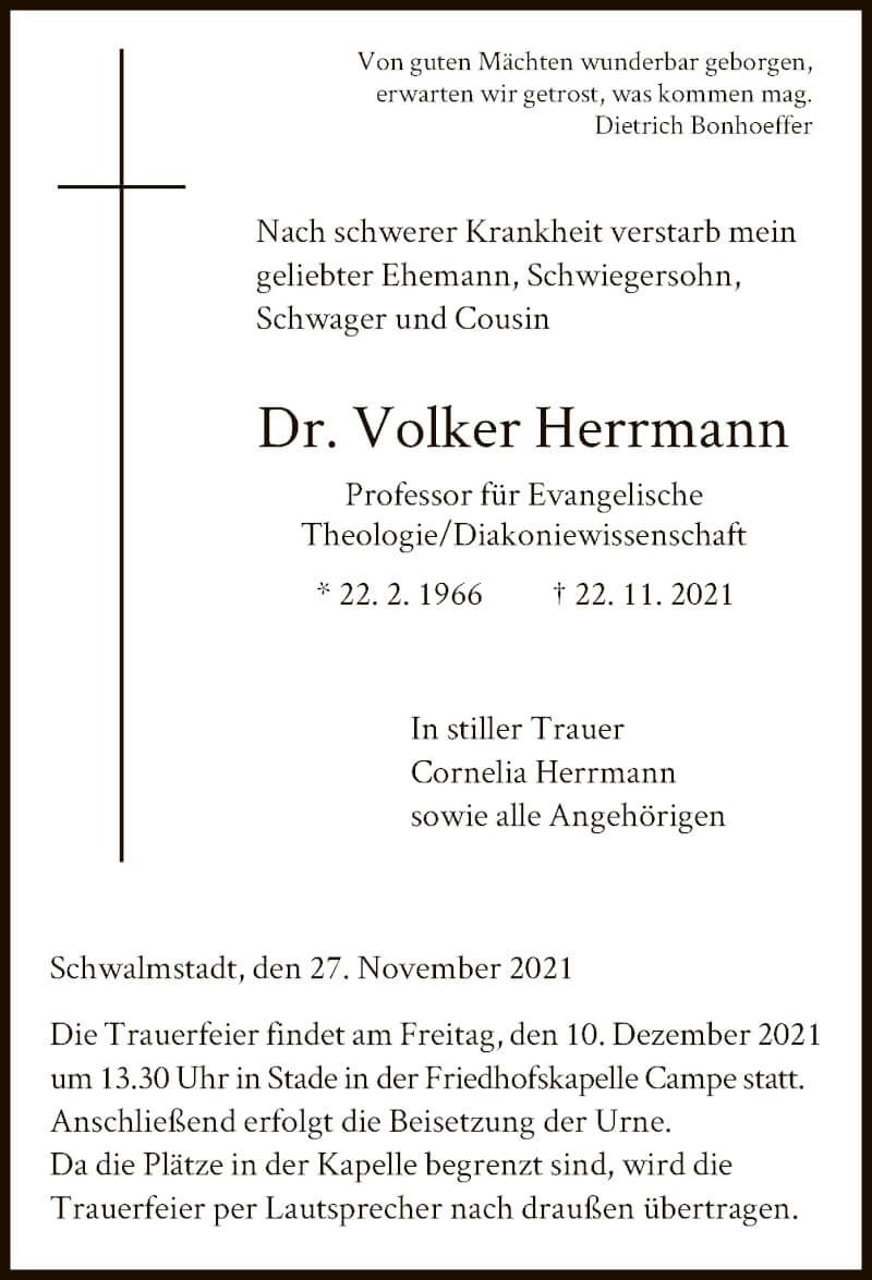  Traueranzeige für Volker Herrmann vom 27.11.2021 aus HNA