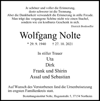 Traueranzeige von Wolfgang Nolte von HNA