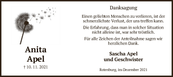 Traueranzeige von Anita Apel von HNA
