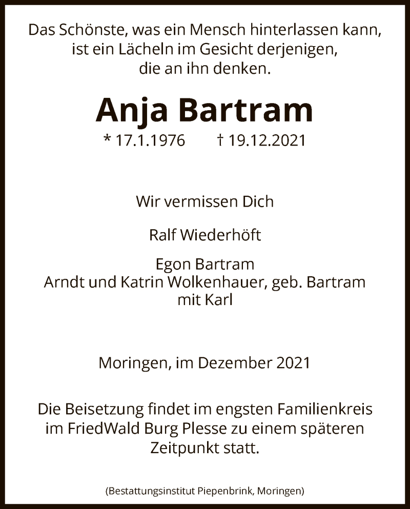  Traueranzeige für Anja Bartram vom 24.12.2021 aus HNA