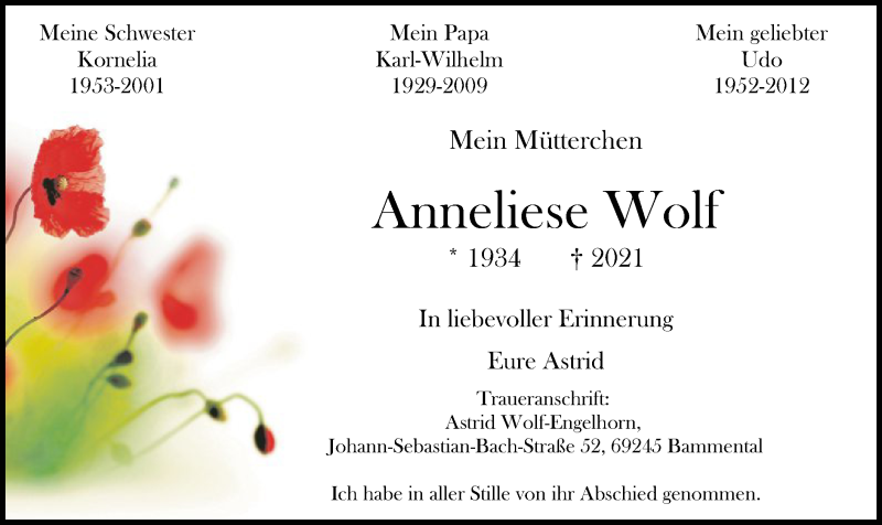  Traueranzeige für Anneliese Wolf vom 11.12.2021 aus HNA