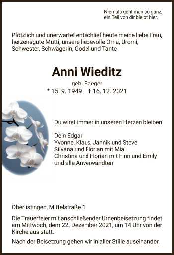 Traueranzeige von Anni Wieditz von HNA