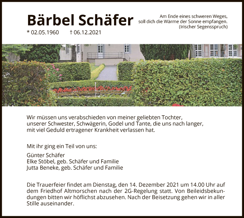  Traueranzeige für Bärbel Schäfer vom 11.12.2021 aus HNA