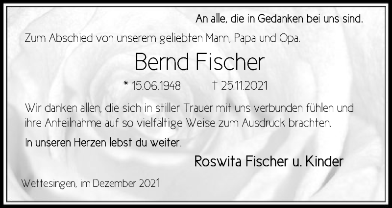  Traueranzeige für Bernd Fischer vom 11.12.2021 aus HNA