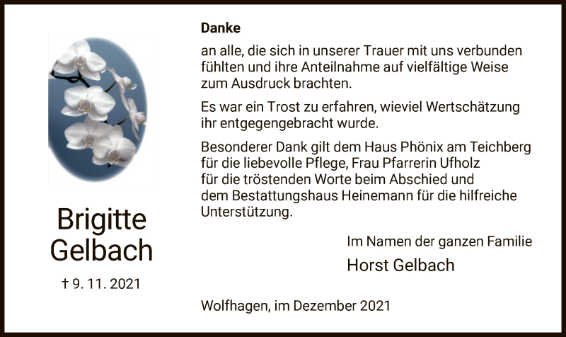  Traueranzeige für Brigitte Gelbach vom 11.12.2021 aus HNA