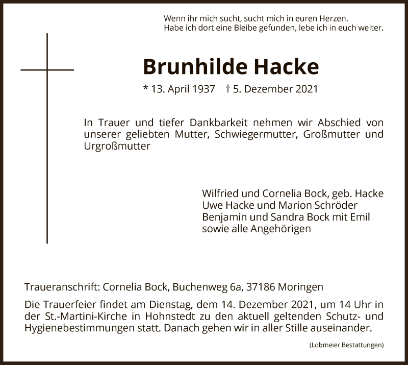  Traueranzeige für Brunhilde Hacke vom 10.12.2021 aus HNA