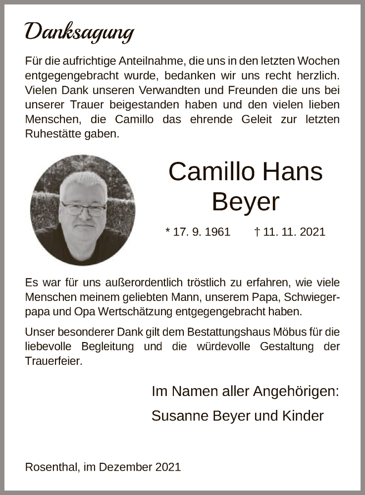  Traueranzeige für Camillo Hans Beyer vom 24.12.2021 aus HNA