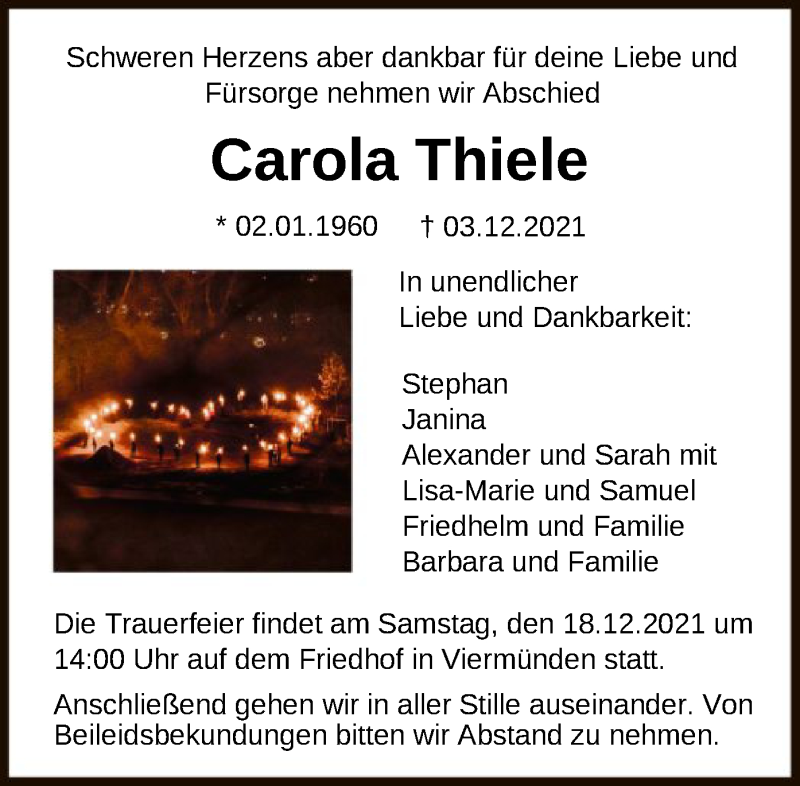  Traueranzeige für Carola Thiele vom 14.12.2021 aus HNA