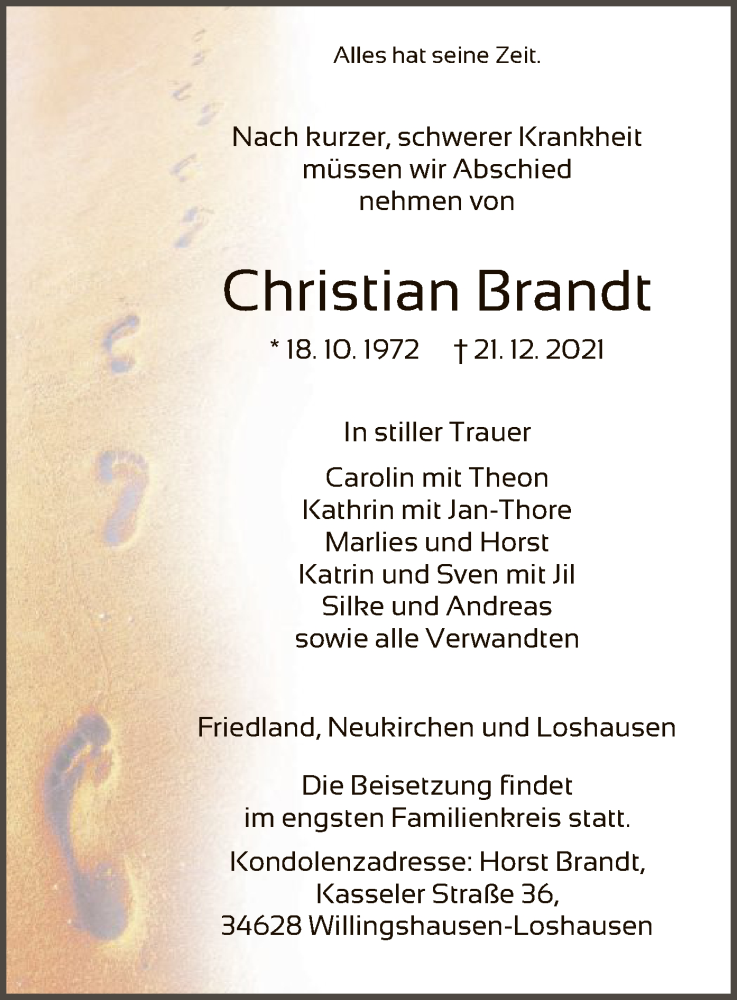  Traueranzeige für Christian Brandt vom 28.12.2021 aus HNA