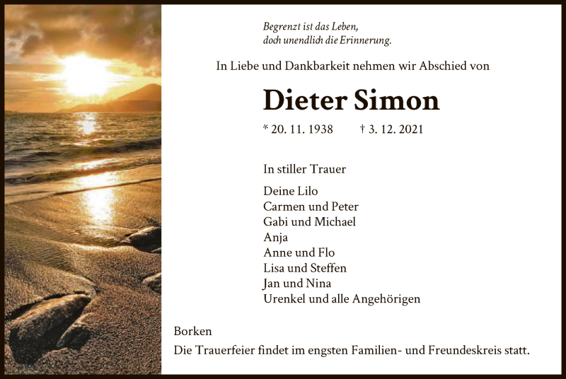  Traueranzeige für Dieter Simon vom 11.12.2021 aus HNA