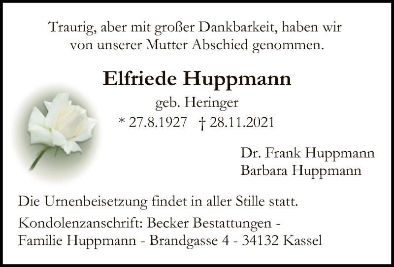  Traueranzeige für Elfriede Huppmann vom 04.12.2021 aus HNA